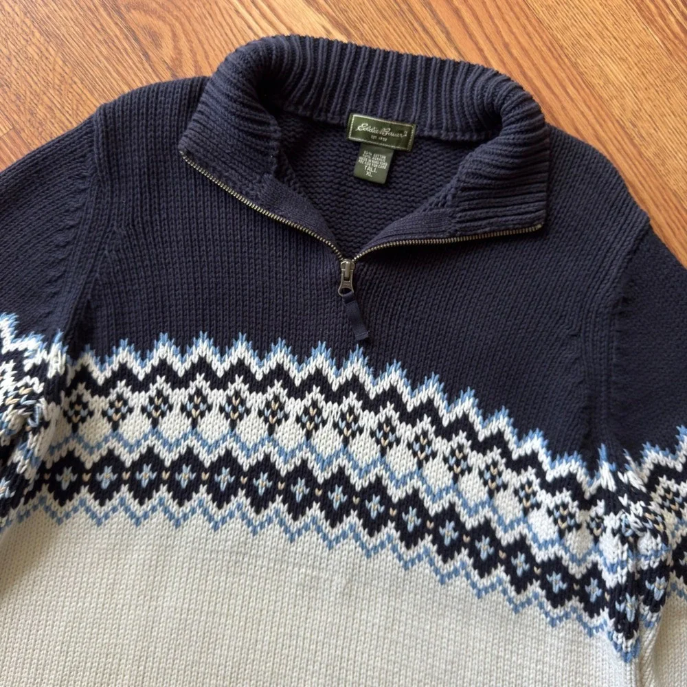 Eddie Bauer Quarter‎ Zip Sweater Mens XL Tall Navy White Fair Isle Vintage Y2K
